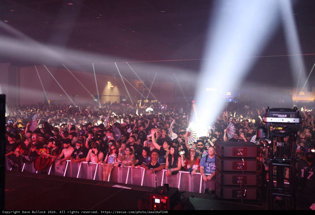 Massive Indoor Festival Crowd Bathed in Stage Lights