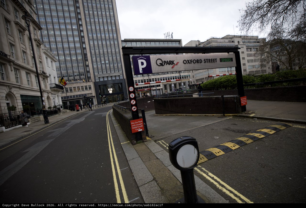 Q-Park Oxford Street Entrance on Overcast London Day