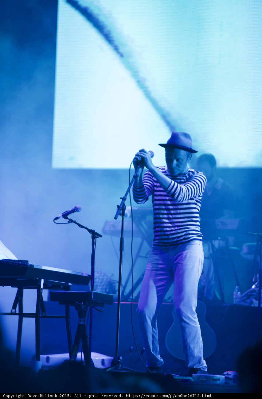 Belle and Sebastian Stuart Murdoch Singing Fedora Striped Shirt Arms Extended Blue LED Screen
