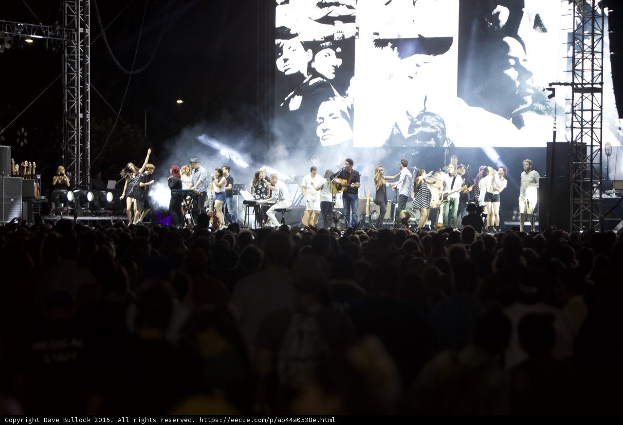 FYF Fest Wide Stage Large Ensemble Dancing Video Screen Portraits Haze Spotlight Crowd