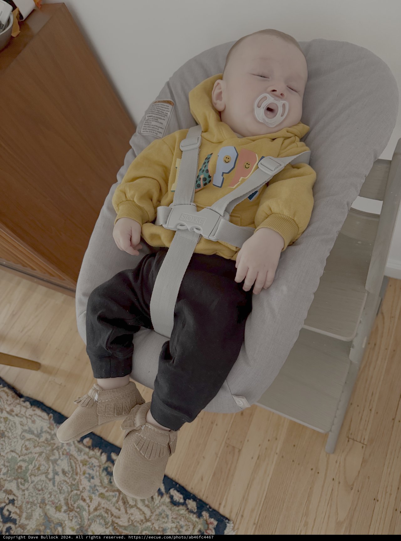 Baby Peacefully Sleeping in Bouncer Chair