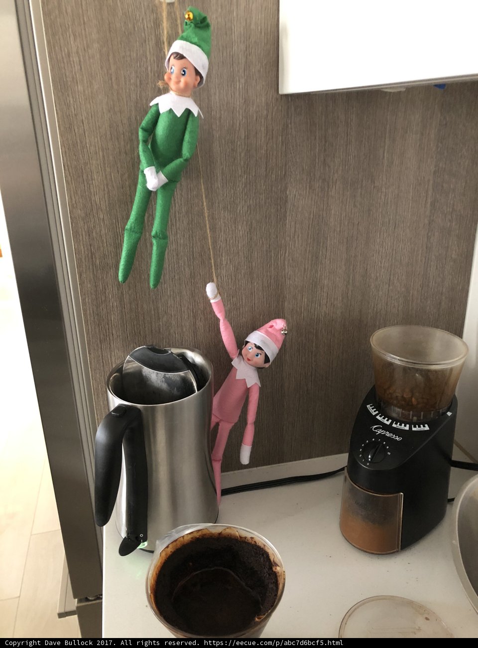 Two Elf Dolls Enjoying their Coffee