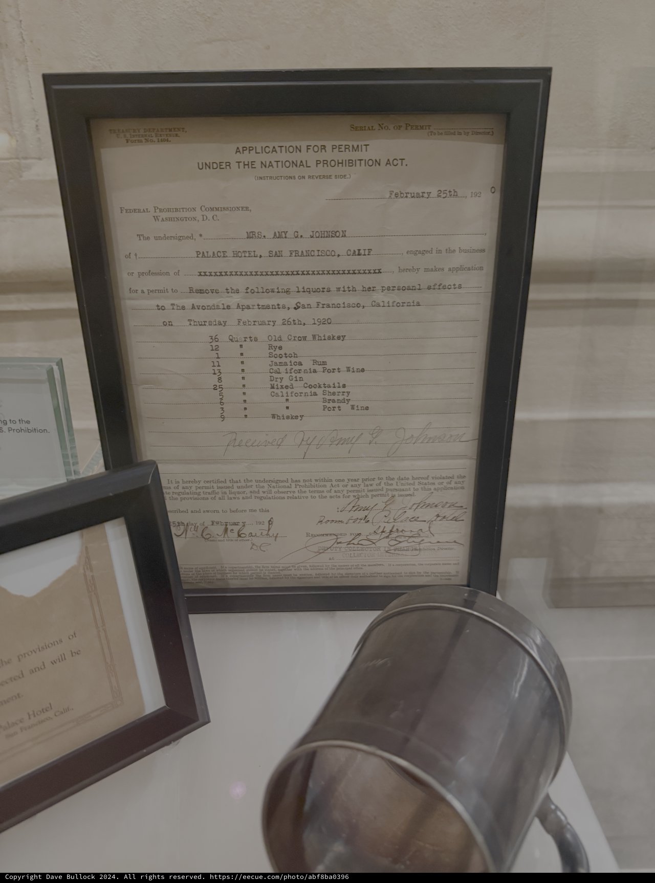 Prohibition Era Liquor Permit Application Display