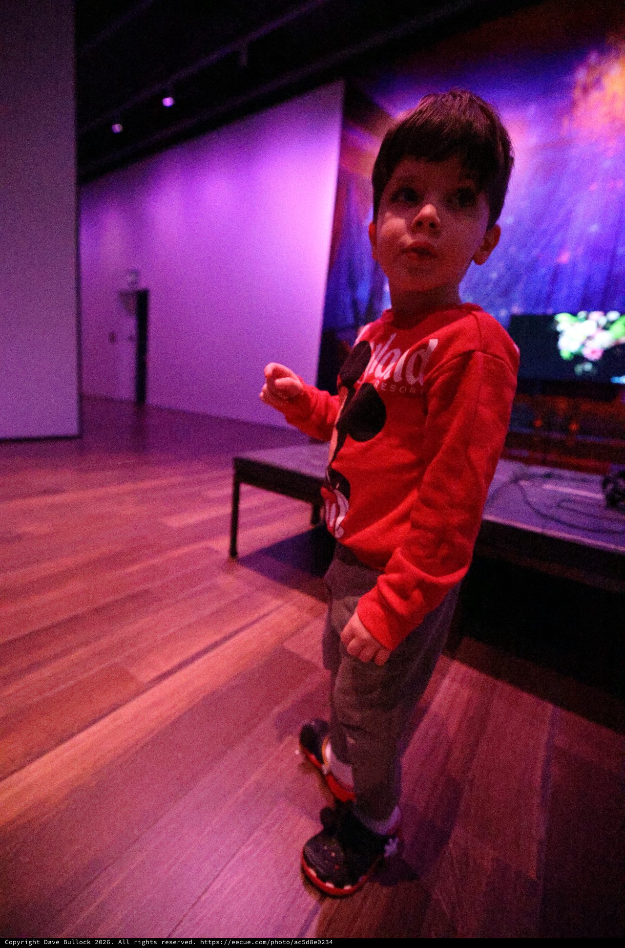 Young Boy Dancing at Purple-Lit Baby Rave Event