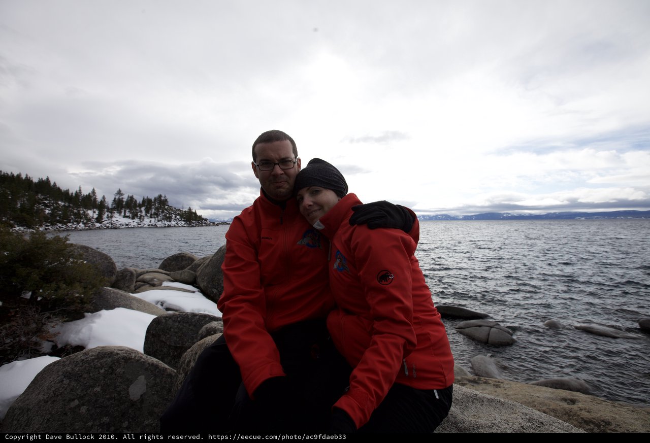 Couple Embracing at Lake Tahoe in Winter