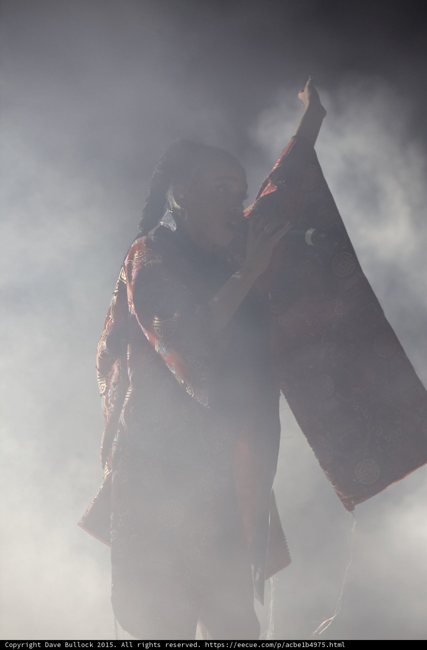 FKA twigs Dramatic Silhouette Arm Raised High Finger Pointing Singing Red Brocade Kimono Braided Ponytails Heavy Backlit Haze