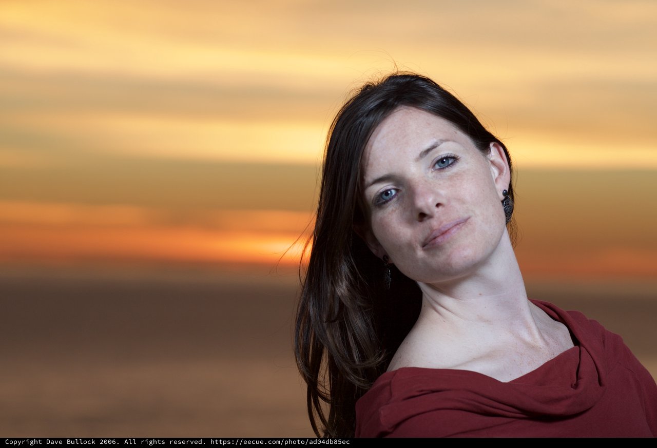 Woman in Red Against a Golden Sunset Sky