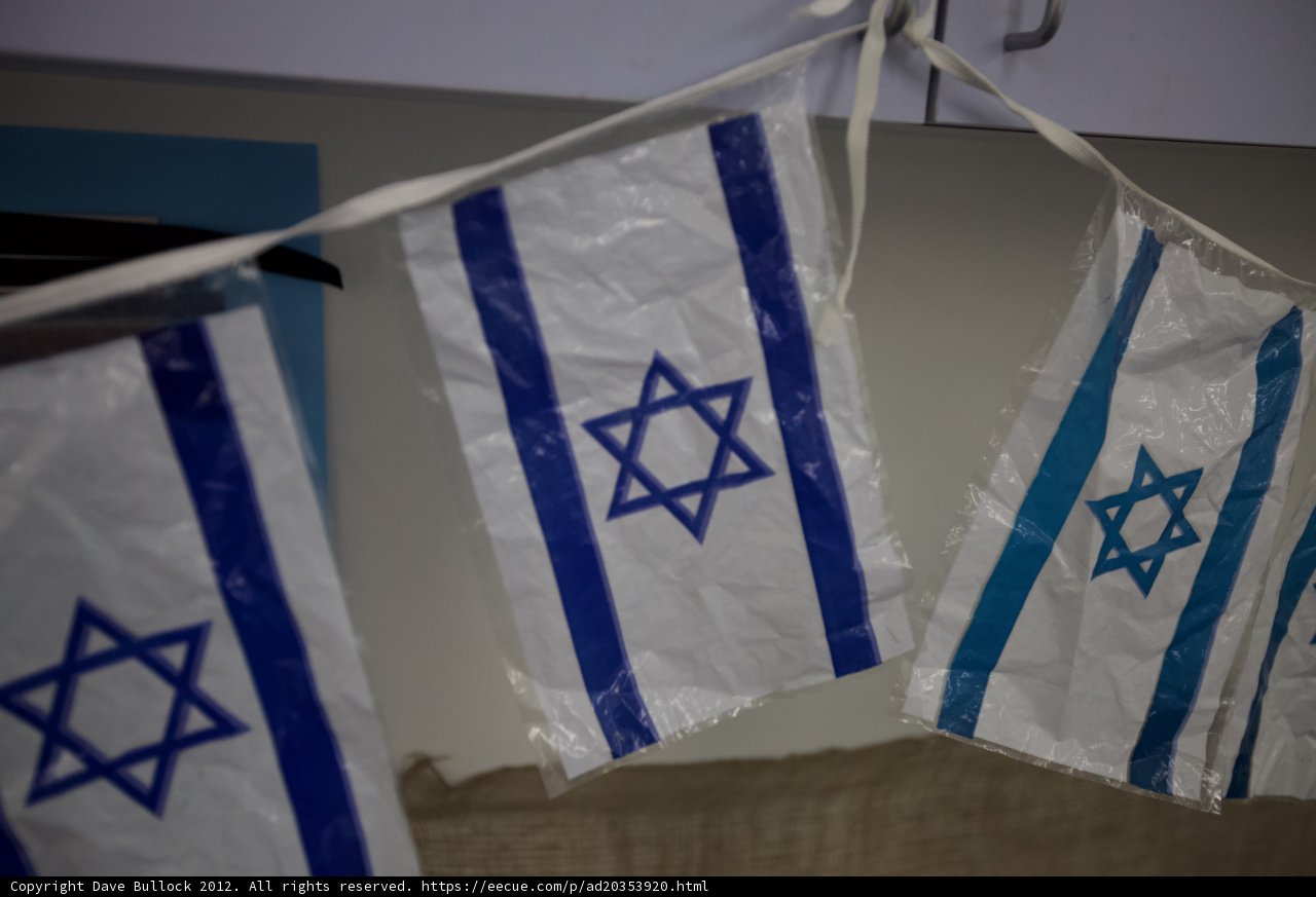 A Window Display of Israeli Flags