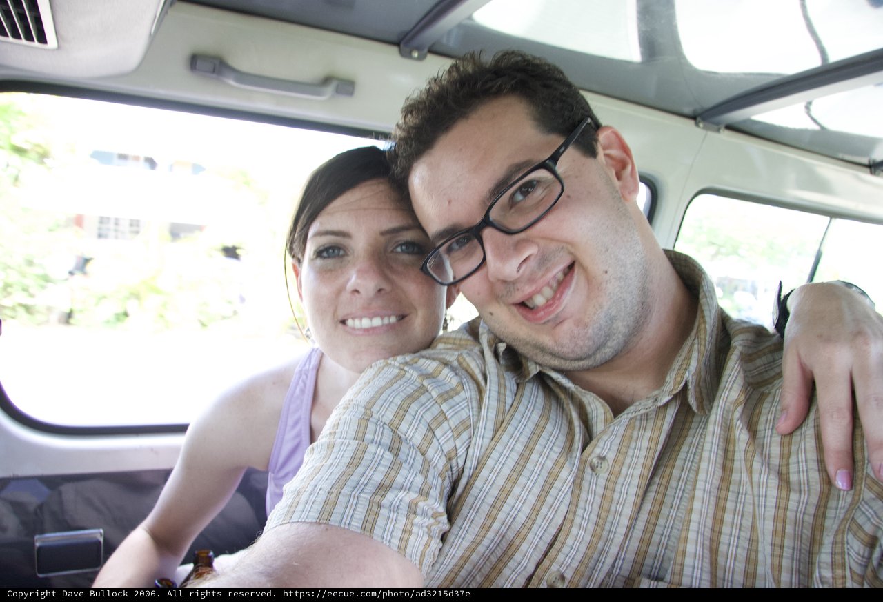 Couple Smiling Together Inside a Van in Fiji