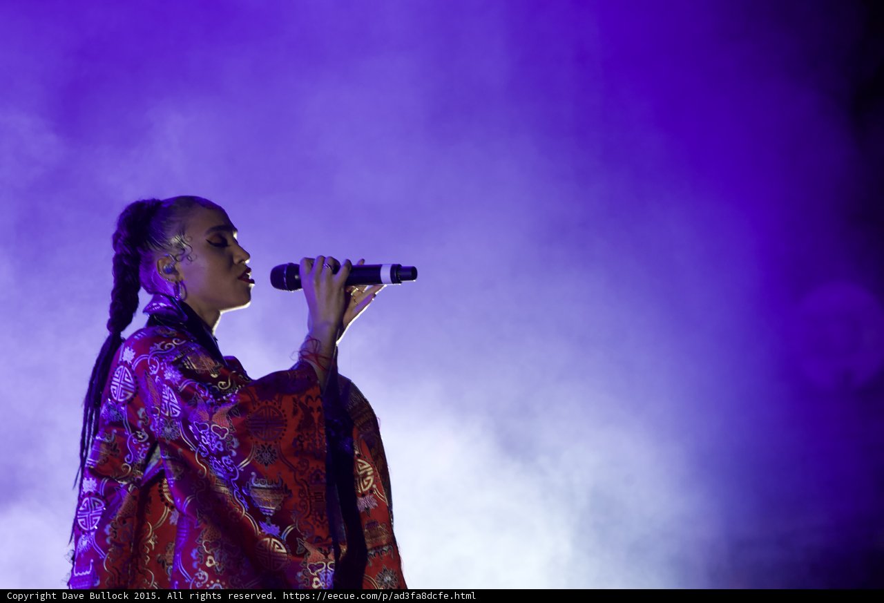 FKA twigs Beautiful Upper Body Profile Singing Eyes Closed Baby Hairs Swirls Hoop Earrings Braided Ponytail Rings Kimono Red Brocade Gold Patterns Purple Blue Lighting Heavy Atmospheric Haze