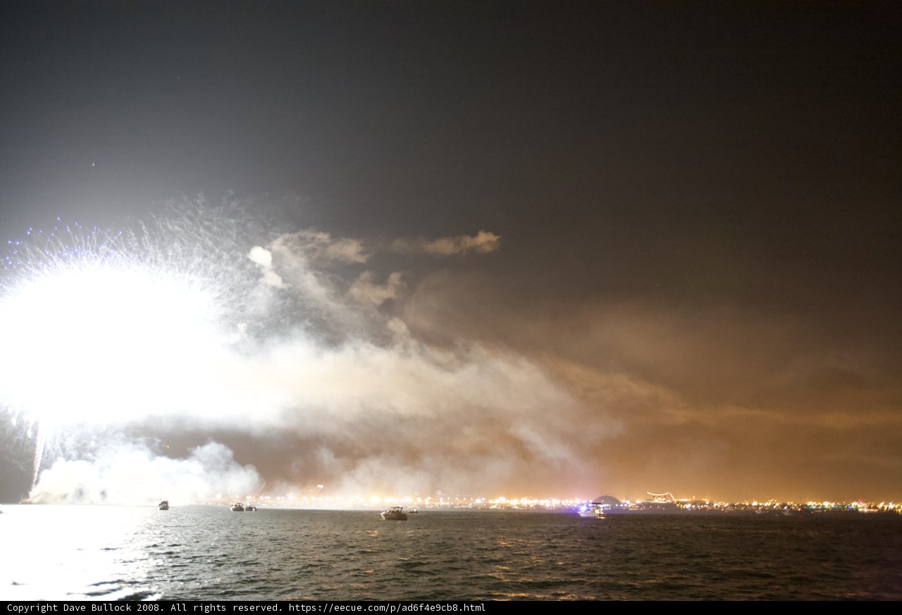 Fireworks Illuminating the Night Sky over the Ocean