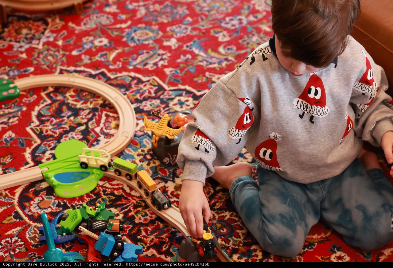 Child Playing with Wooden Train Set on Patterned Rug