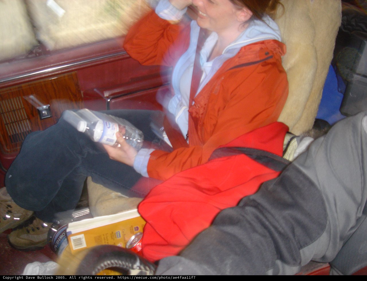 Laughing Woman with Water Bottle in Vehicle