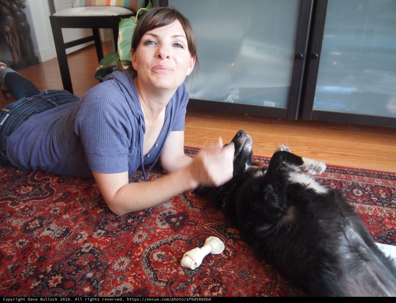 Woman Playfully Bonding with Dog on Living Room Rug