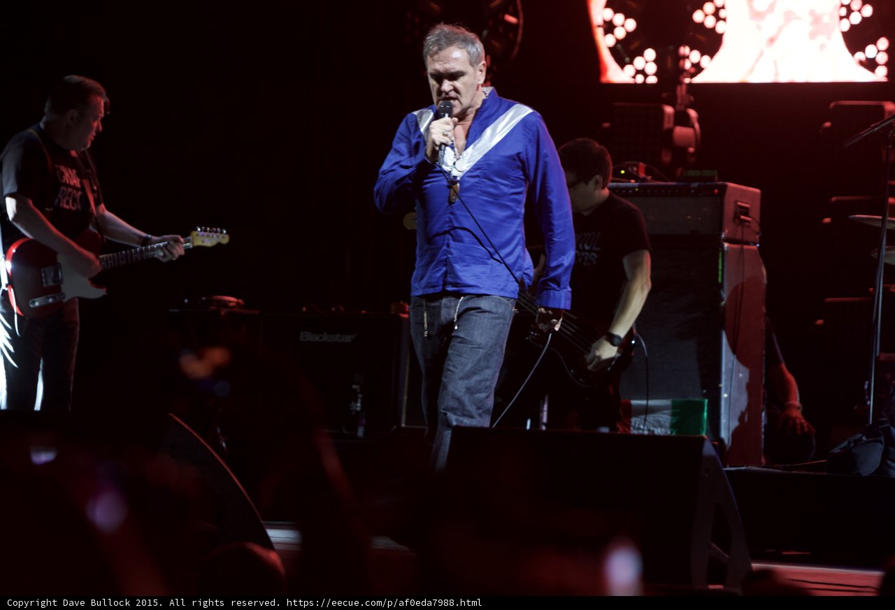 Morrissey Singing Handheld Mic Blue Shirt Guitarist Telecaster Bassist Blackstar Amp Red Screen