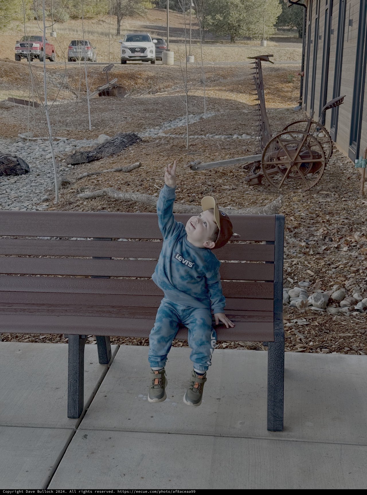 Young Boy Making Peace Sign on Bench