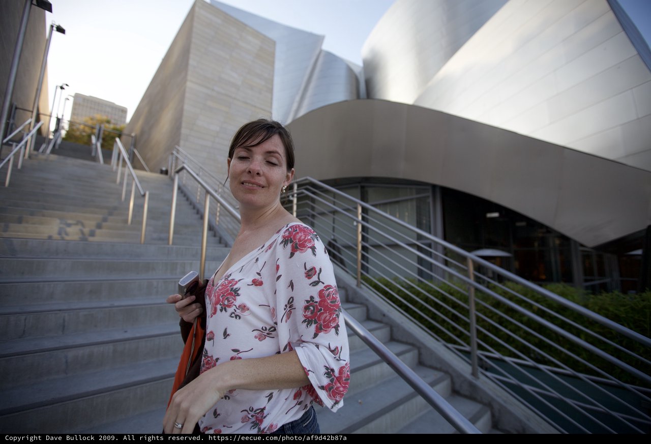Woman Pauses at Walt Disney Concert Hall Steps