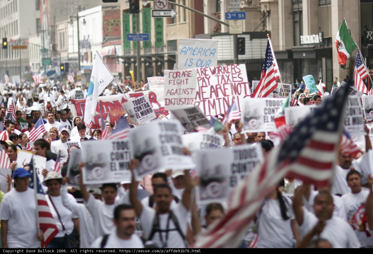 Patriotic Protesters March Down the Street with Flags and Signs
