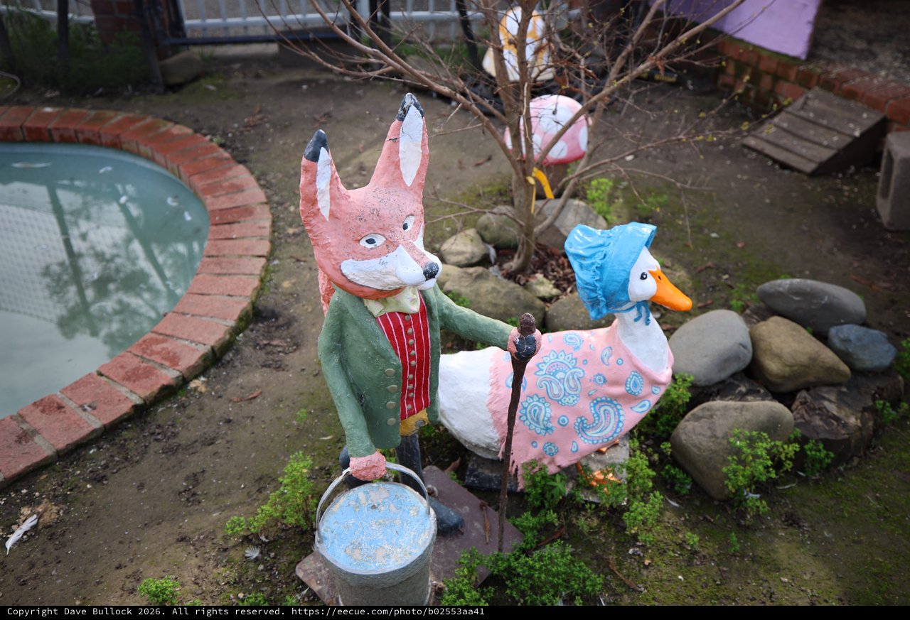 Whimsical Fox and Duck Garden Sculptures in Fantasyland