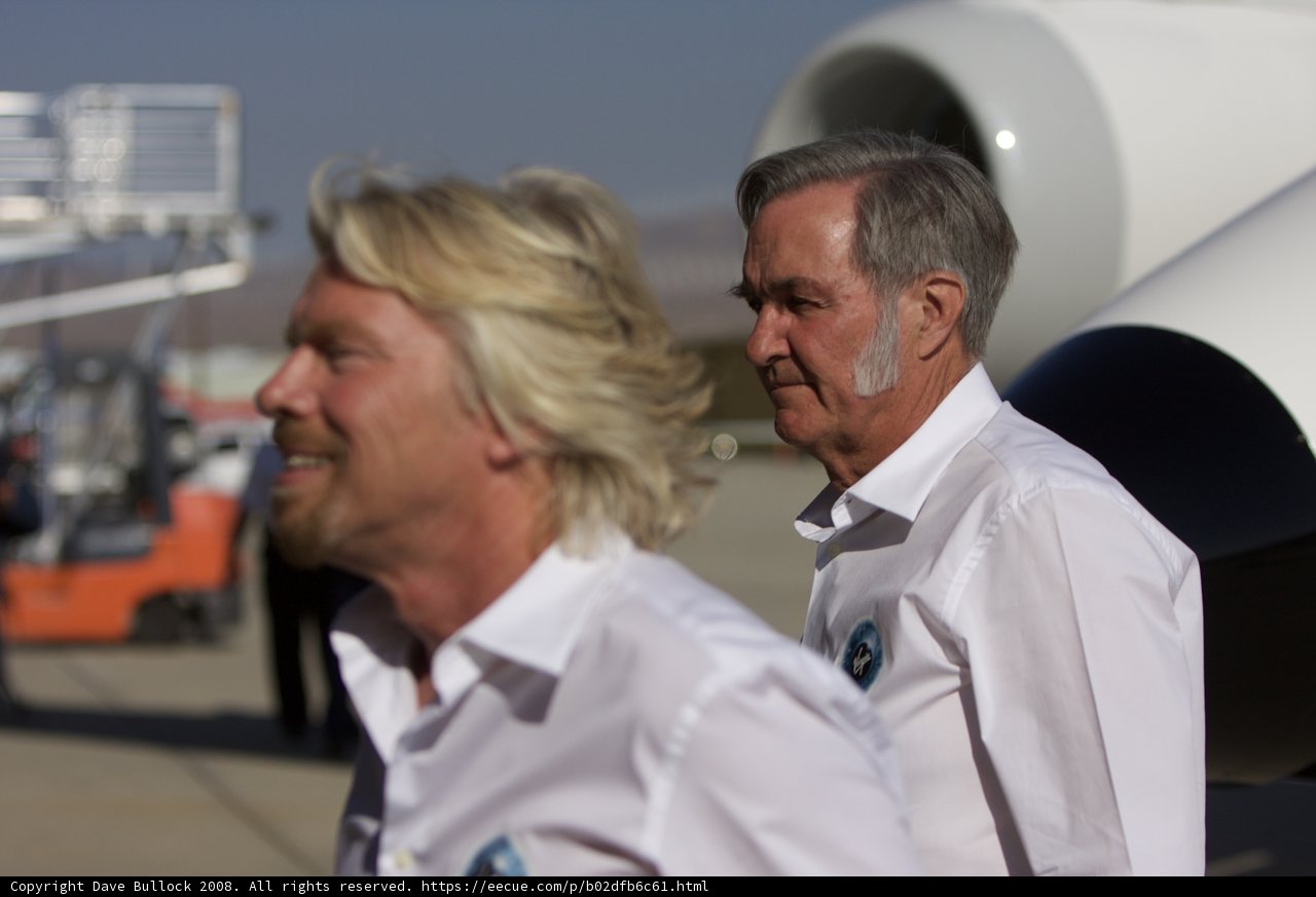 Richard Branson and Burt Rutan Pose with White Knight Two Airplane