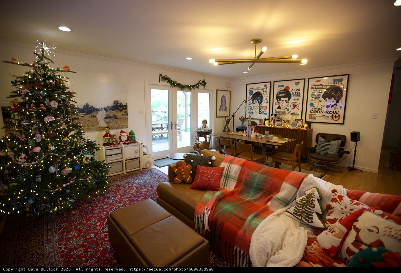 Cozy Christmas Living Room with Decorated Tree and Vintage Posters