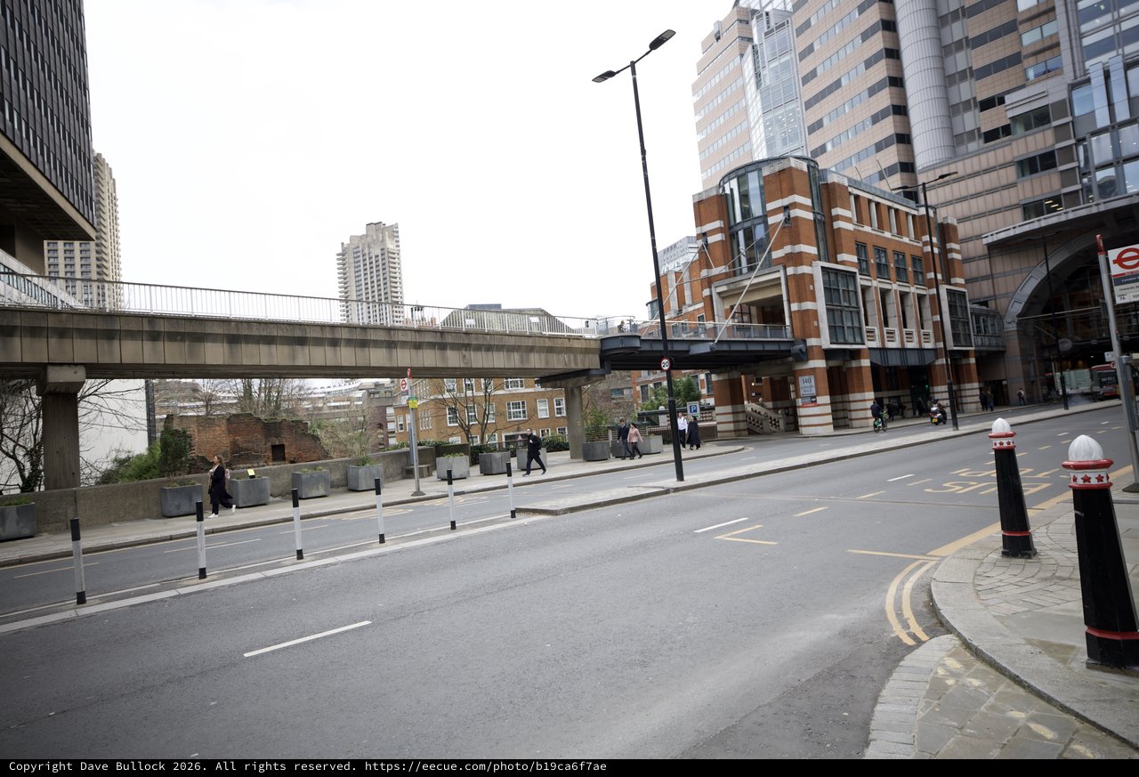 Urban London Street Scene with Elevated Walkway