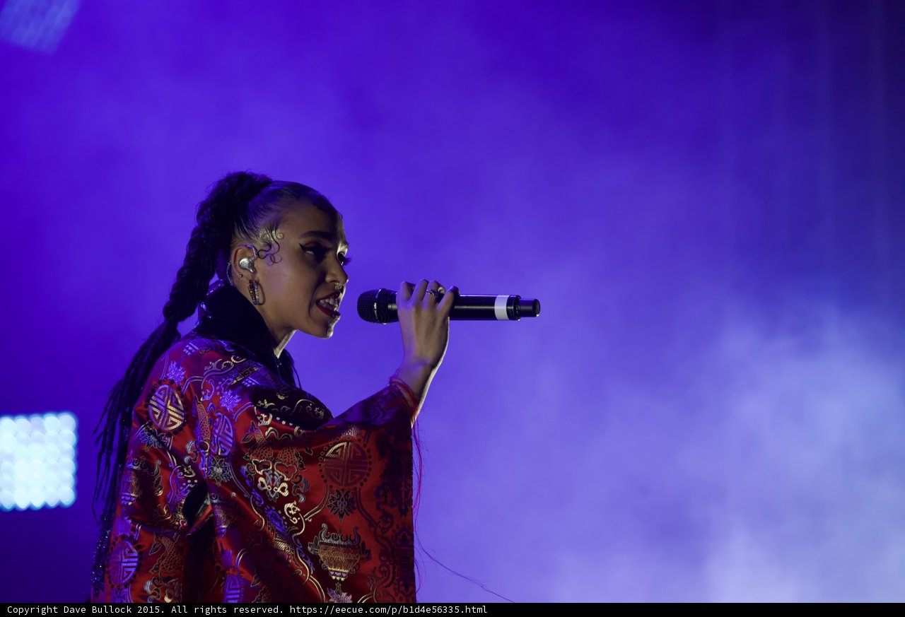 FKA twigs Profile Portrait Singing Baby Hairs Swirls Hoop Earrings Septum Ring Red Lipstick Black Choker Braided Ponytails Kimono Gold Patterns Purple Haze LED Panel