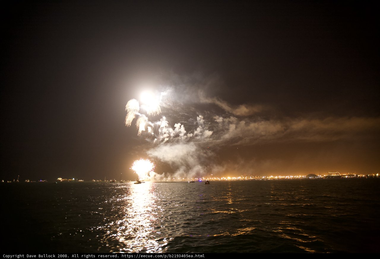 Spectacular Fireworks Display over the Ocean at Night