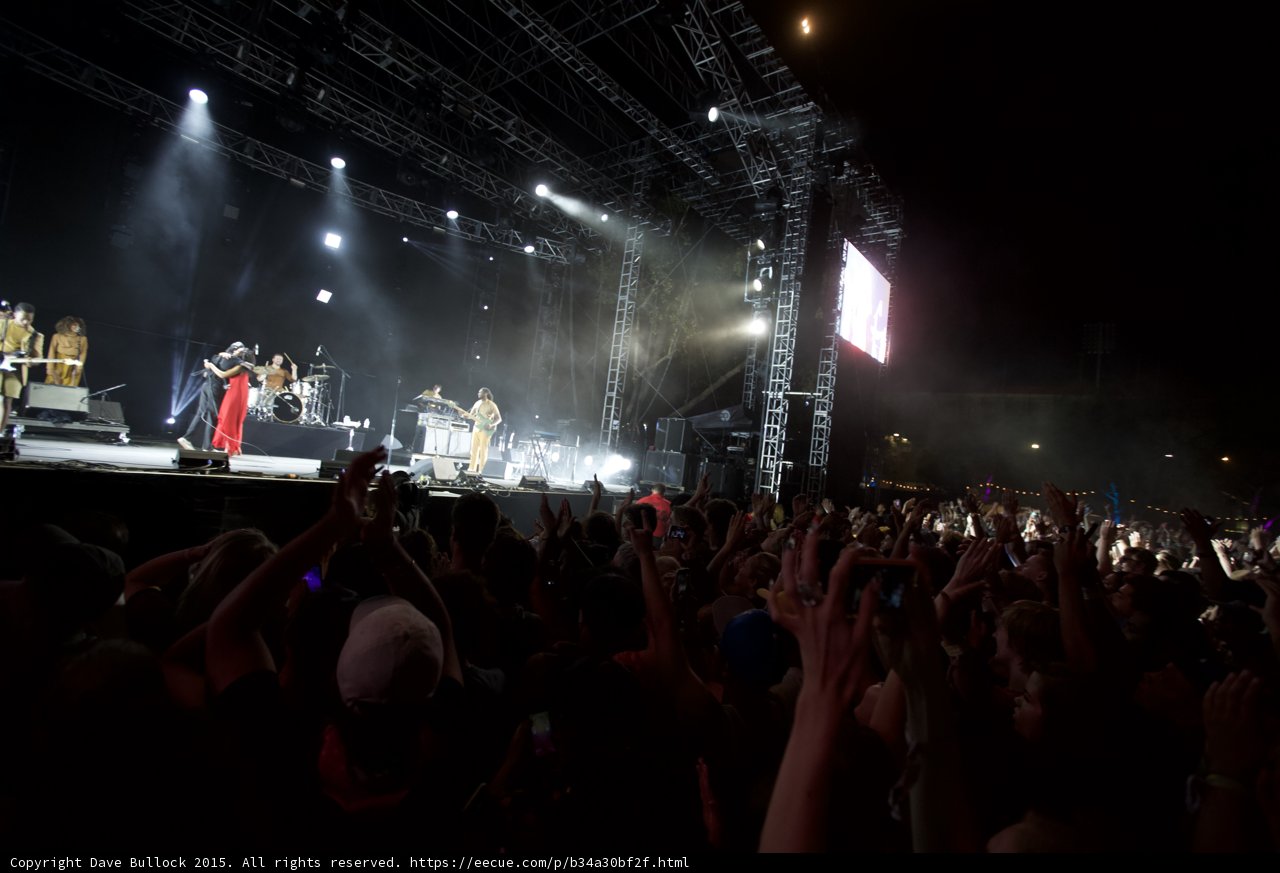 FYF Fest Wide Stage Solange Red Dress Band Spotlight Beams Video Screen Crowd Night