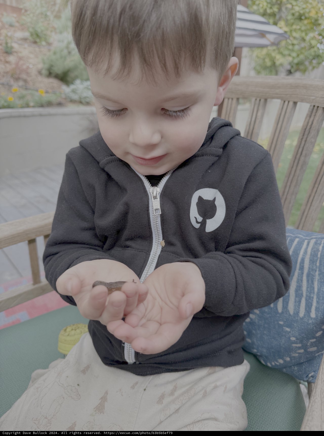 Young Child Gently Holding Small Creature Outdoors