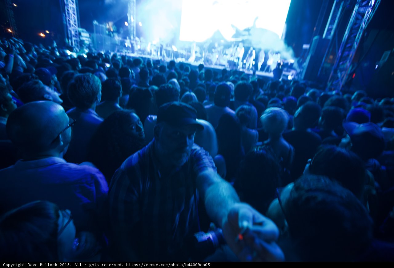 FYF Fest Crowd Wide Shot Blue Light Video Screen Man Cap Glasses Flash Night