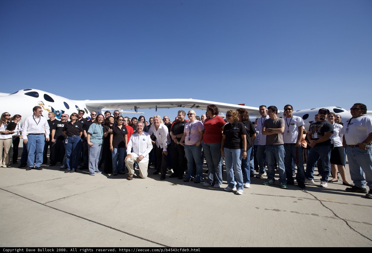 Burt Rutan, Richard Branson, and Chris Benoit in front of White Knight Two