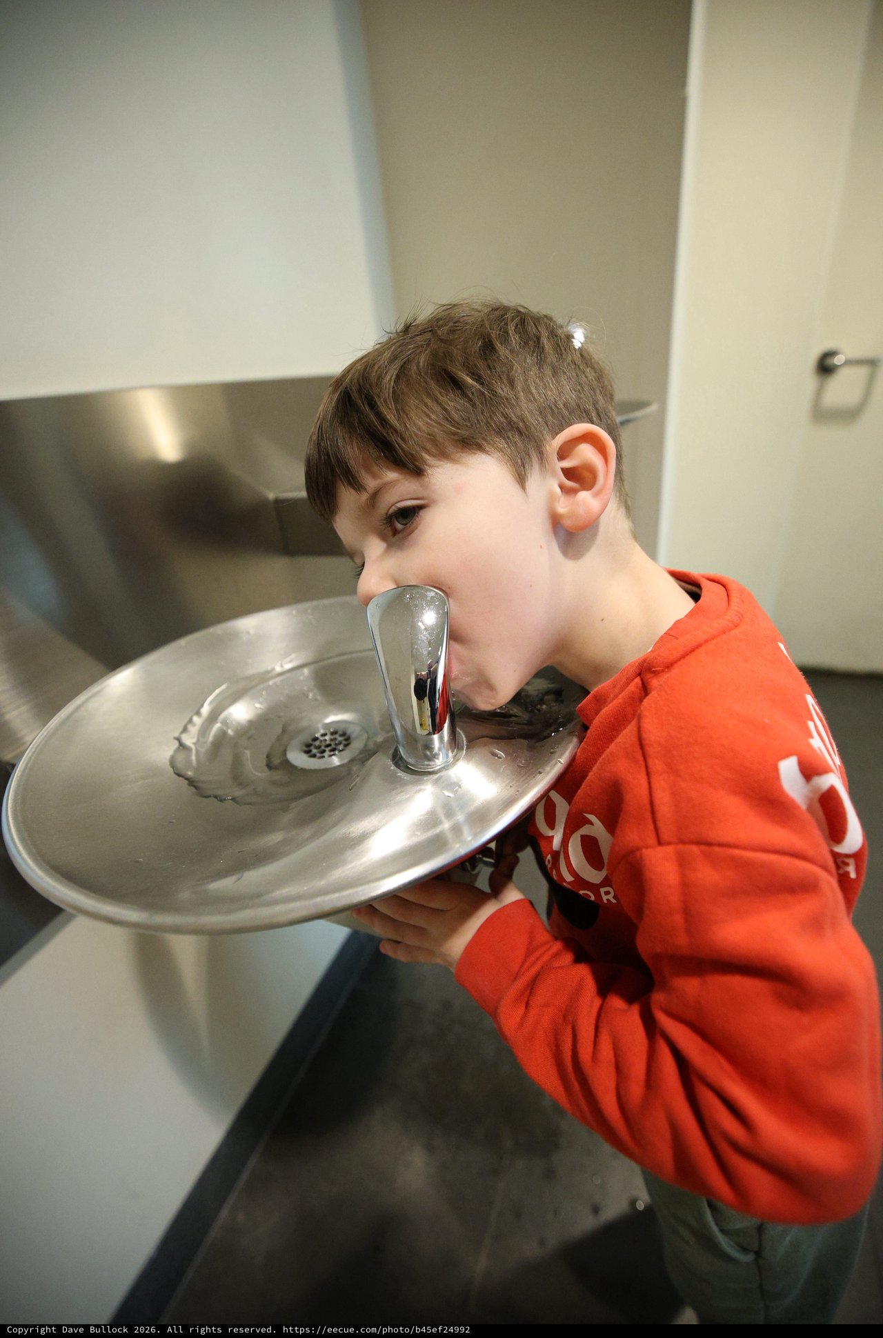 Young Boy Drinking from Water Fountain at Museum