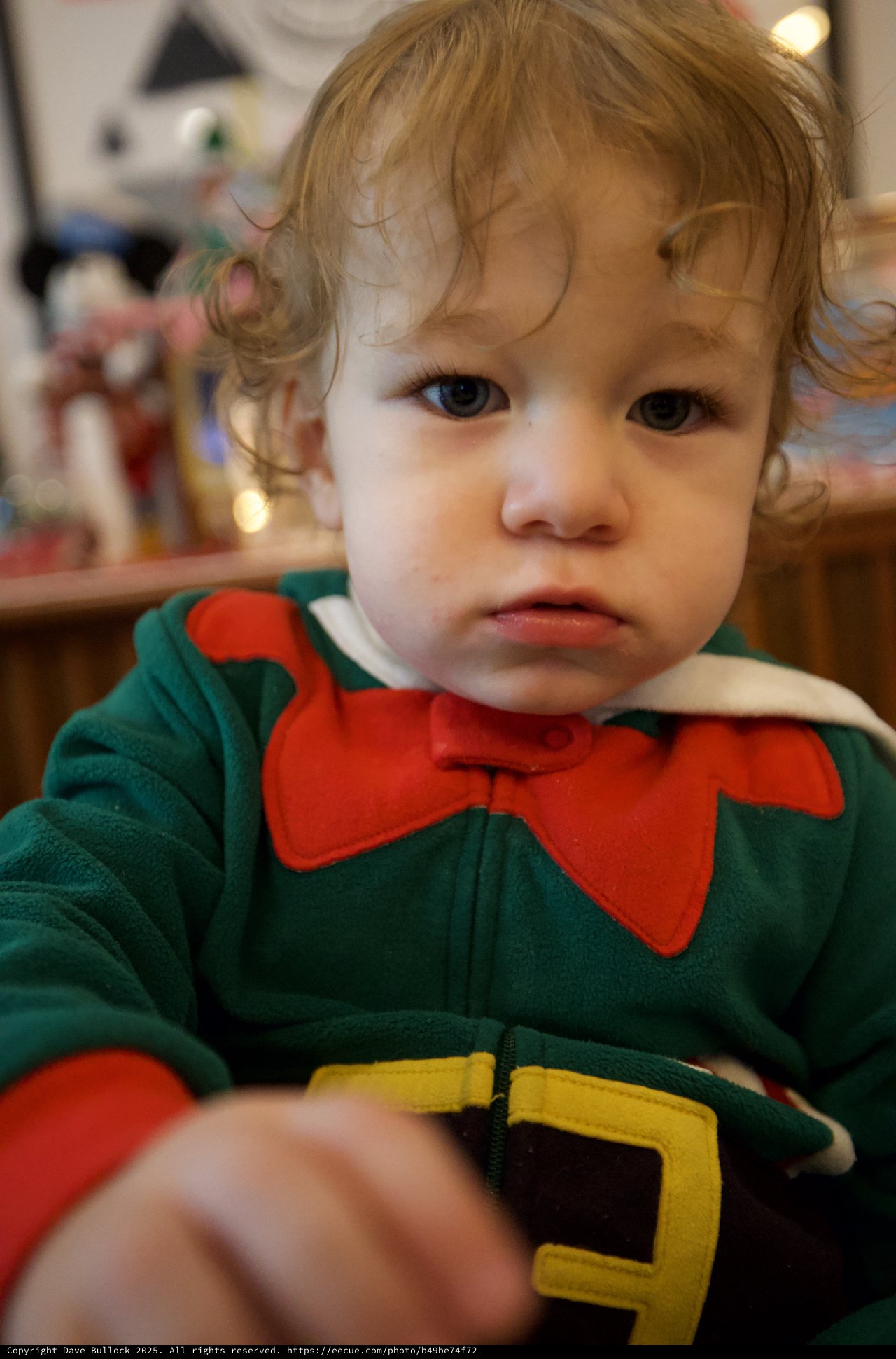 Toddler in Green Elf Costume with Serious Expression