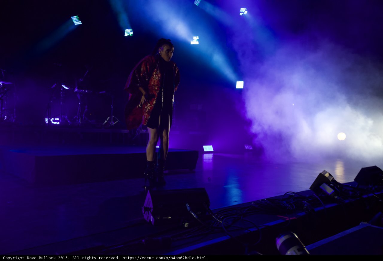FKA twigs Full Body Wide Blue Purple Lighting Red Brocade Kimono Black Bodysuit Embellished Boots Clear Moon Band Heavy Haze
