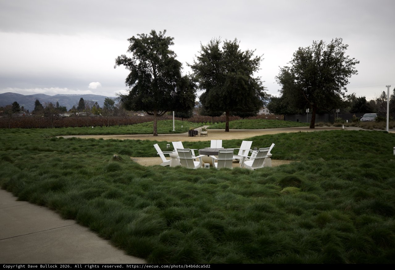 White Adirondack Chairs Circle Vineyard Fire Pit at Dusk