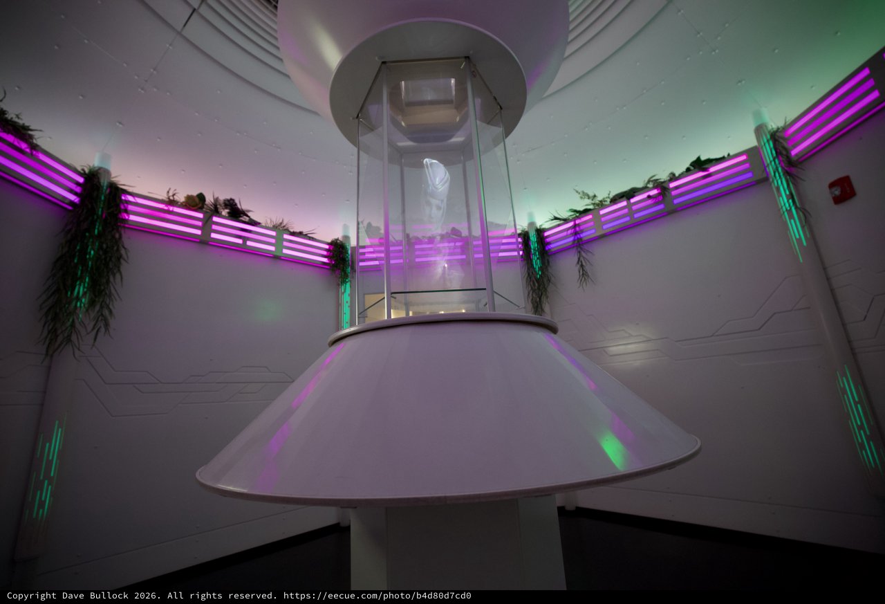 Futuristic UFO Installation with Neon Lighting and Plants