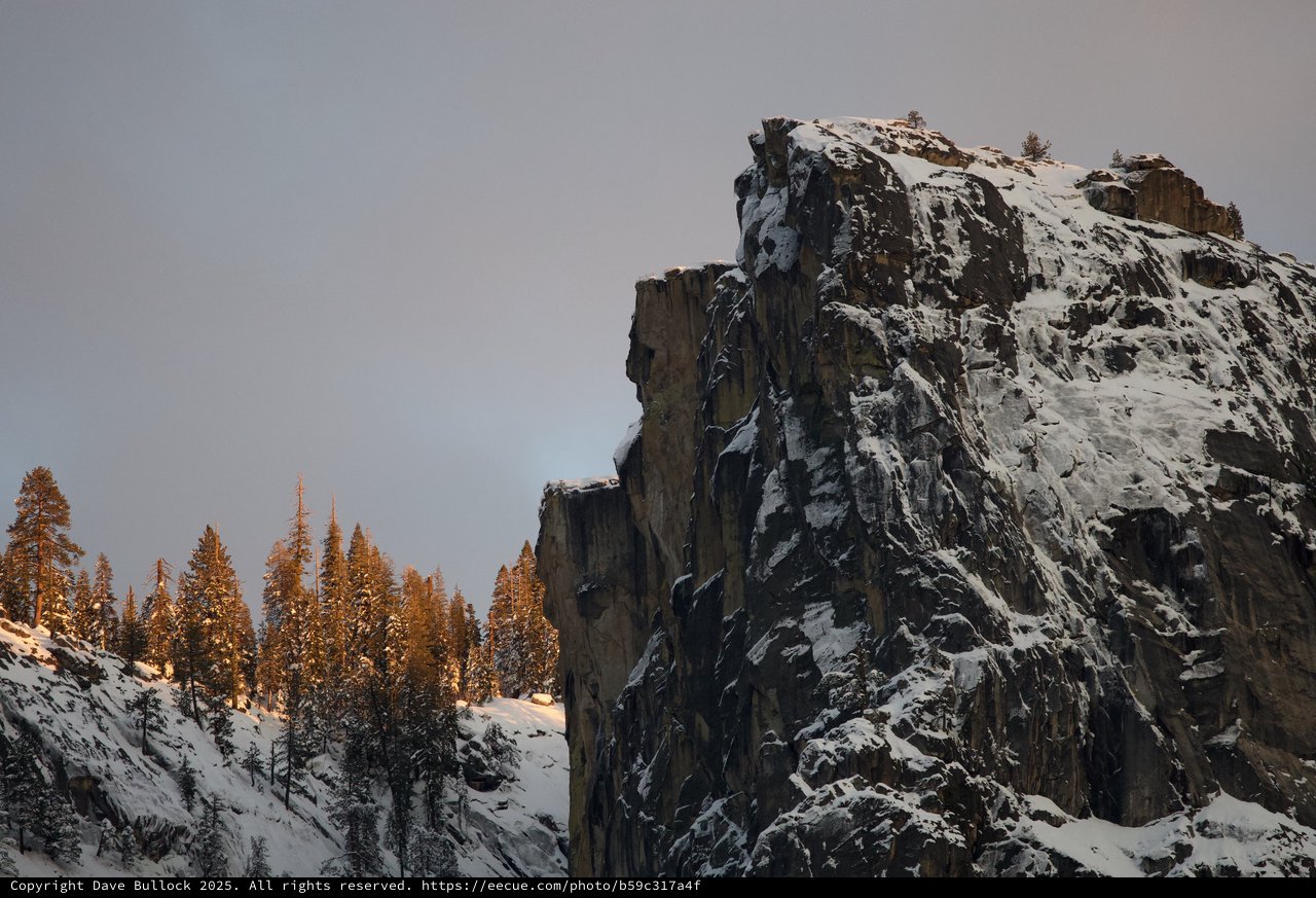 Snow-Dusted Rock Pinnacle at Winter Sunset