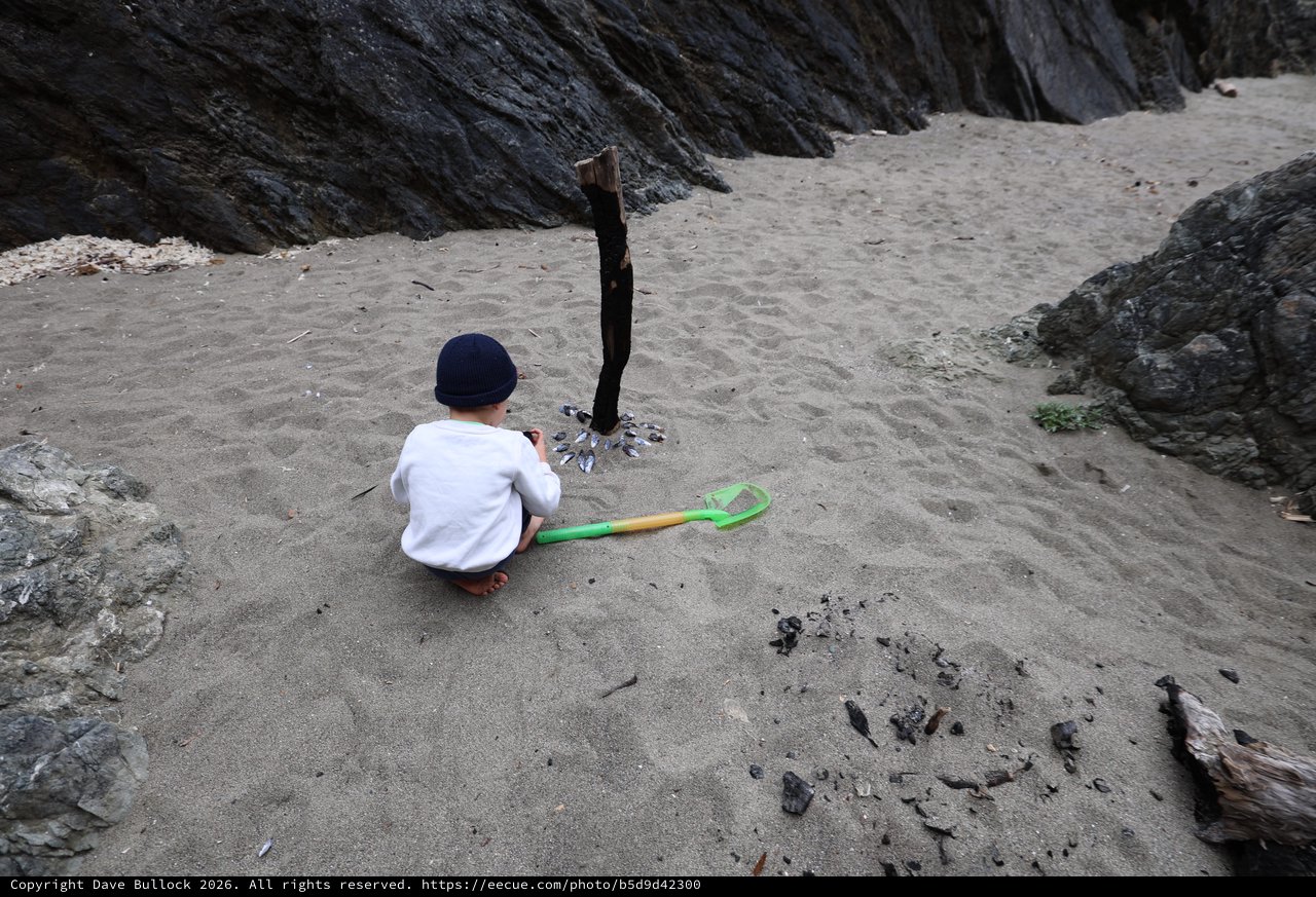 Young Child Explores Rocky Beach with Toy Shovel