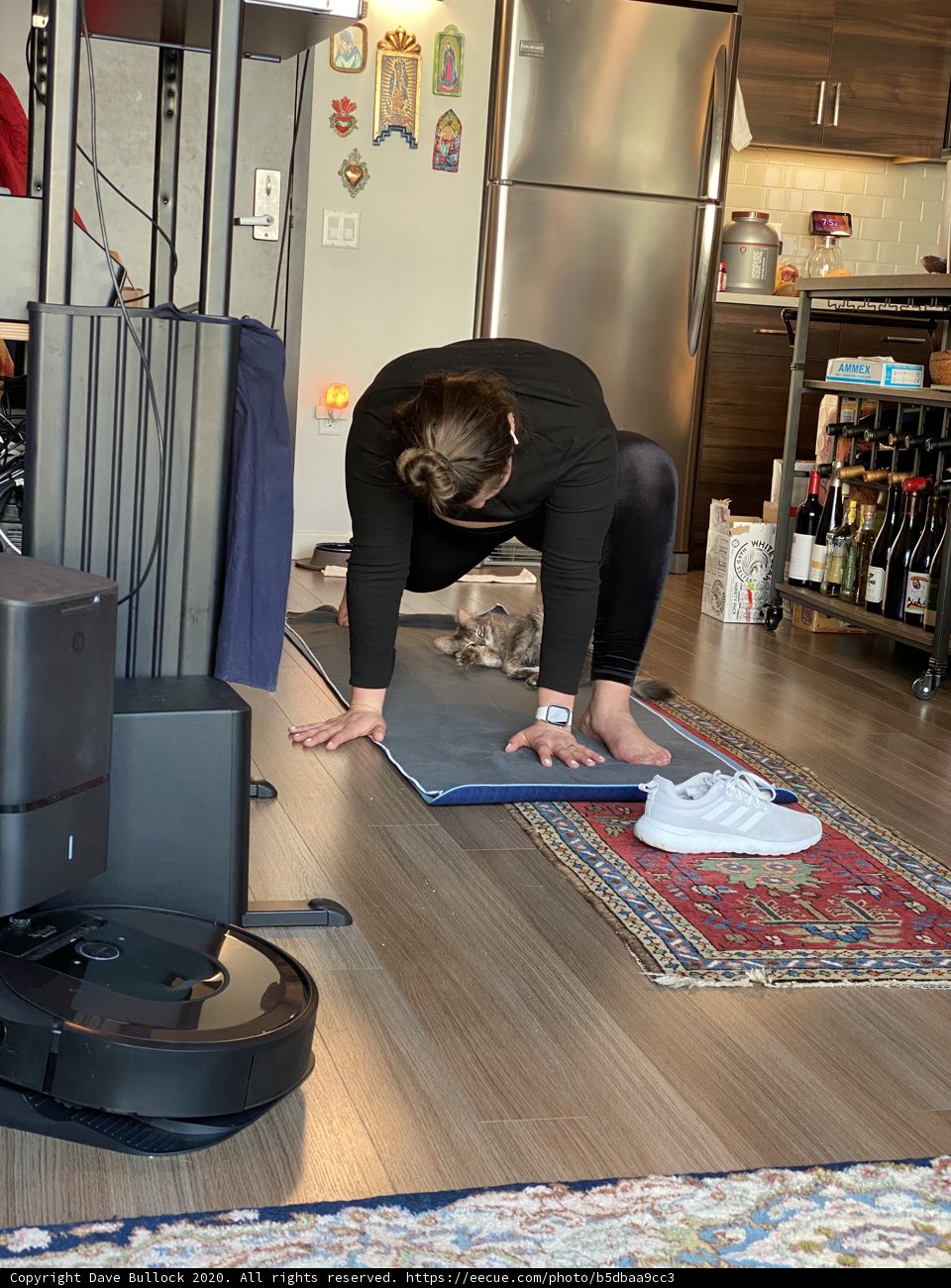 Pilates session in the kitchen