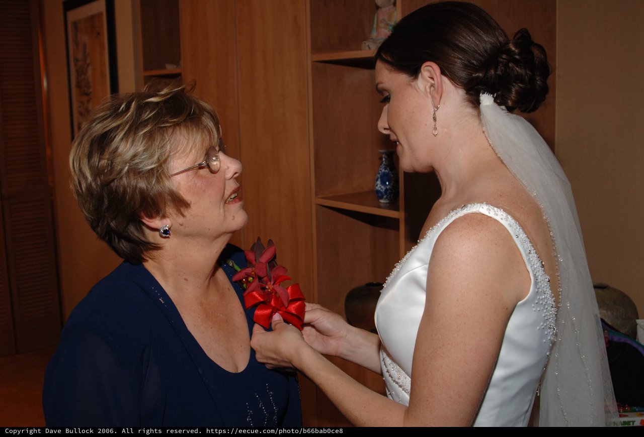 Bride Pins Corsage on Mother Before Wedding Ceremony