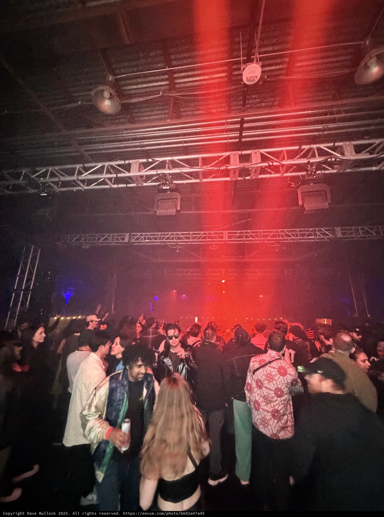 Red-Lit Crowd at Electronic Music Nightclub Event
