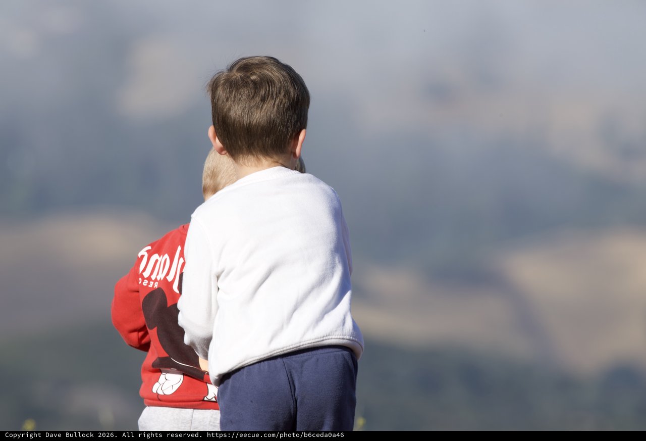 Two Young Children Gazing at Mountain Valley Views