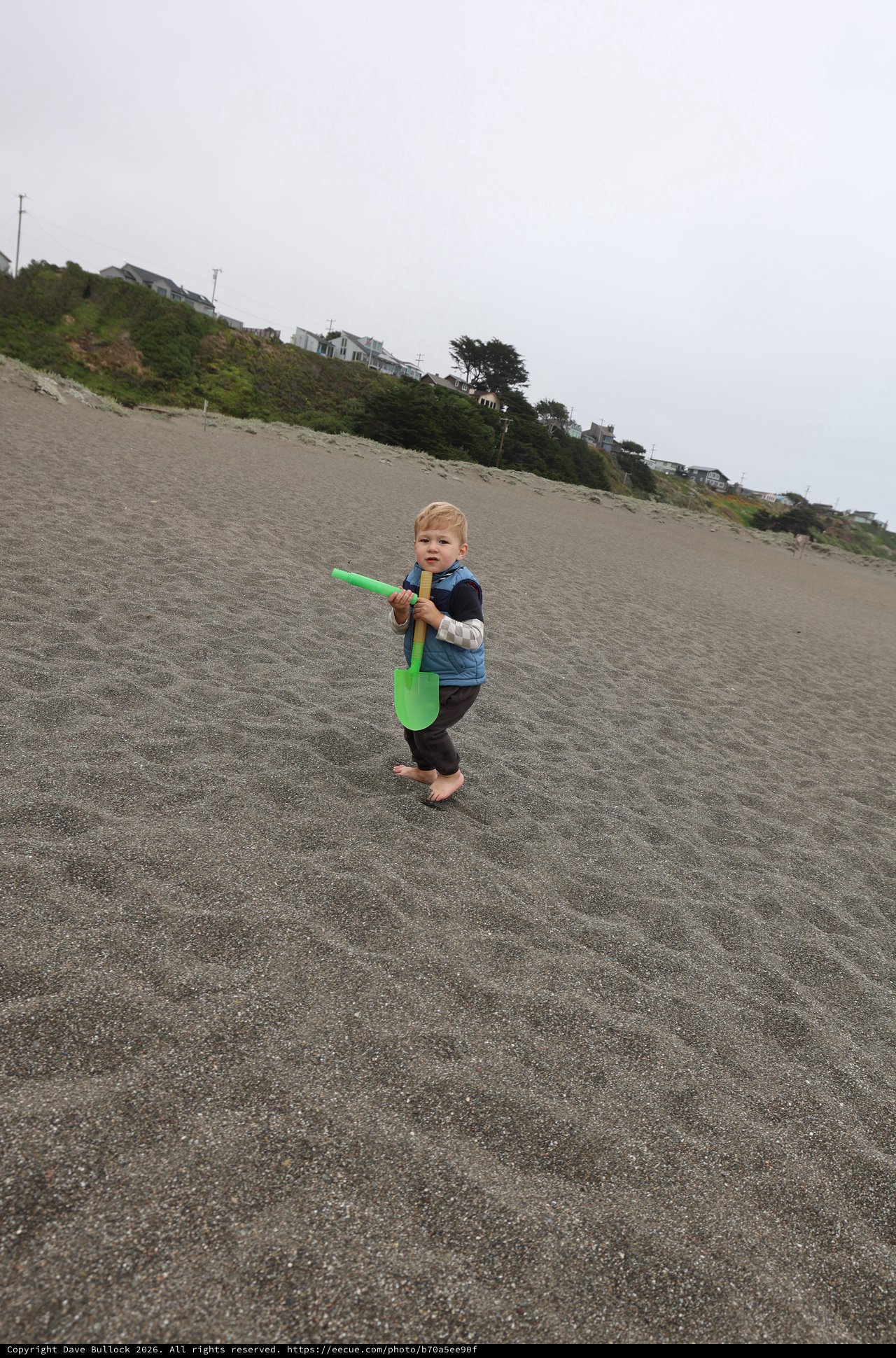 Toddler Explorer Armed with Green Shovel at Beach