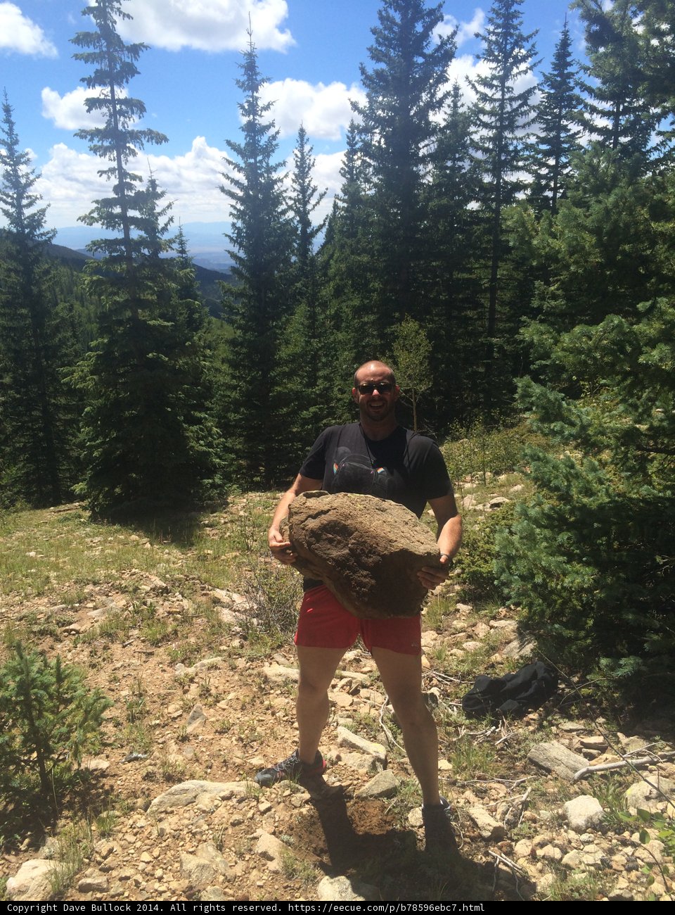 Man holding a large rock in the wilderness