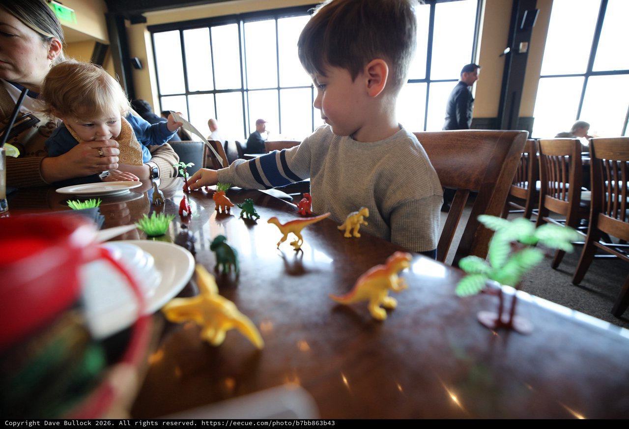 Children Playing with Dinosaur Toys at Restaurant Table