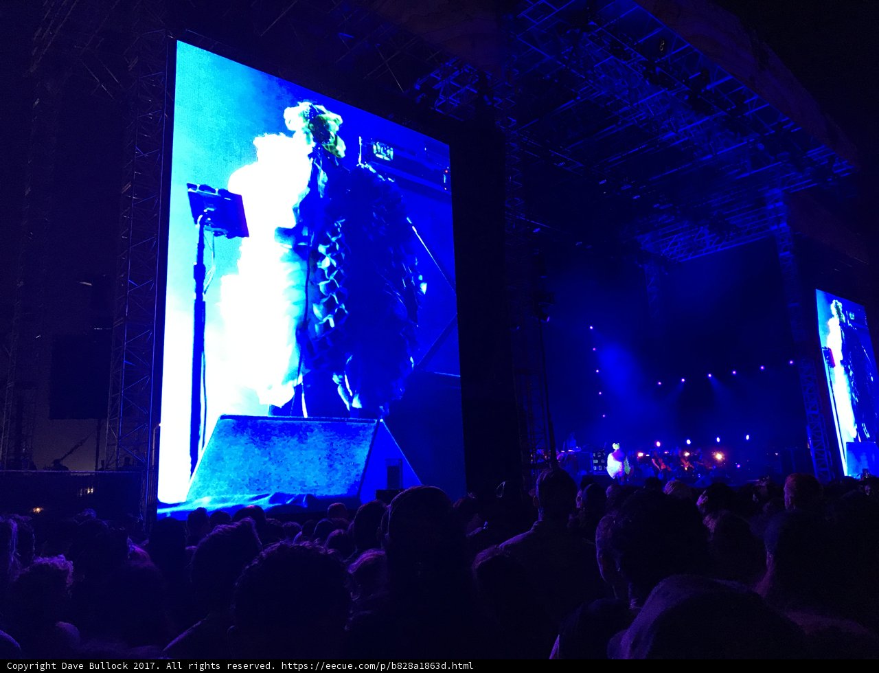 Rocking the Crowd Caption: A male performer electrifies the audience at a 2017 concert under the bright lights of the stage screen.