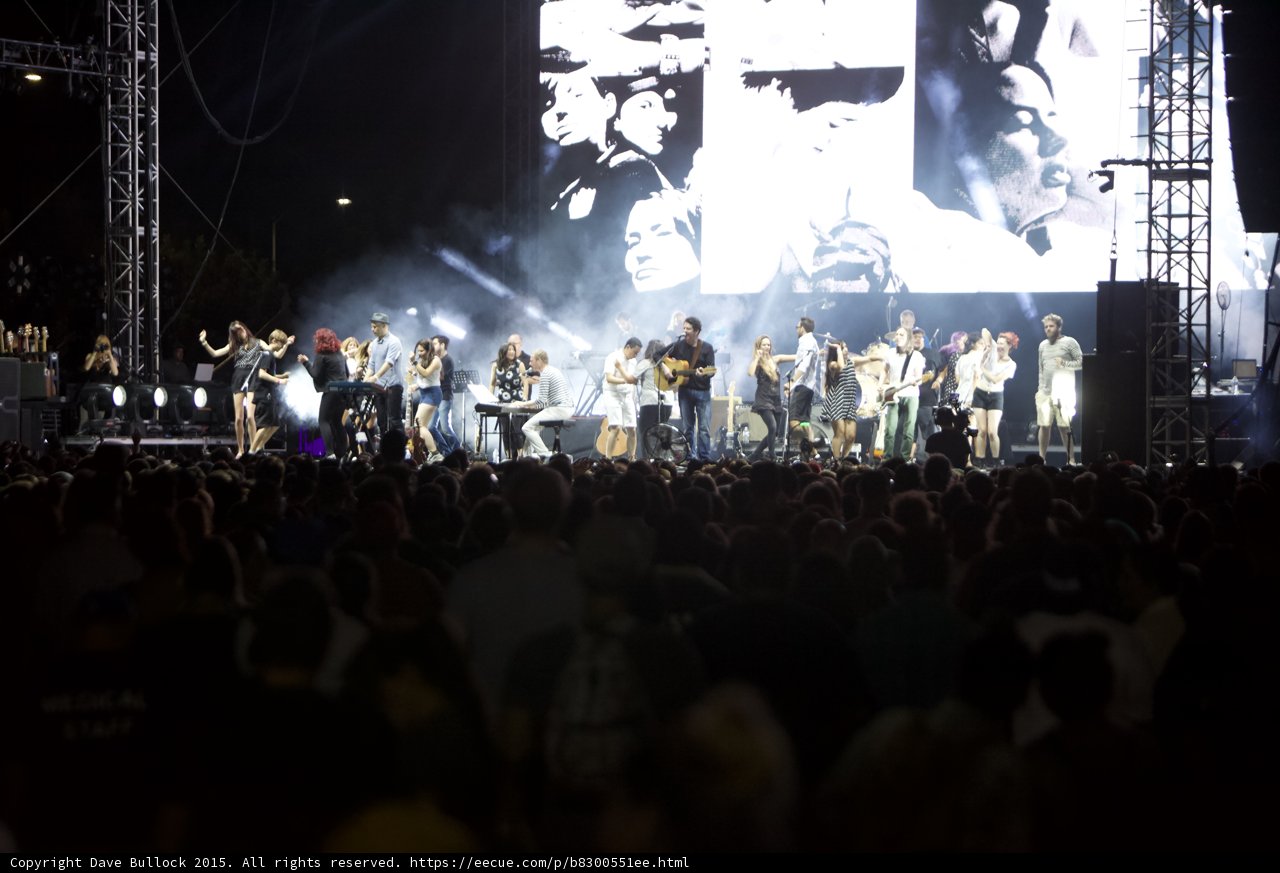 FYF Fest Wide Stage Large Ensemble Dancing Video Screen Portraits Spotlight Haze Crowd