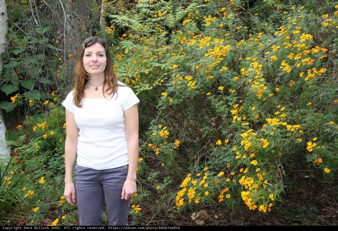 Woman Smiling Among Wild Yellow Marigold Blooms
