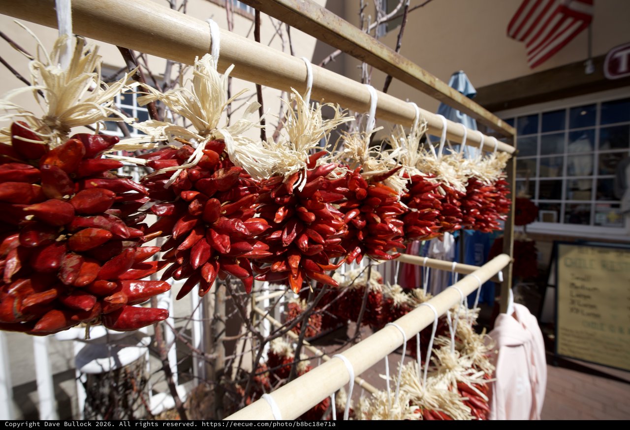 Dried Red Chile Ristras Hanging on Southwestern Porch